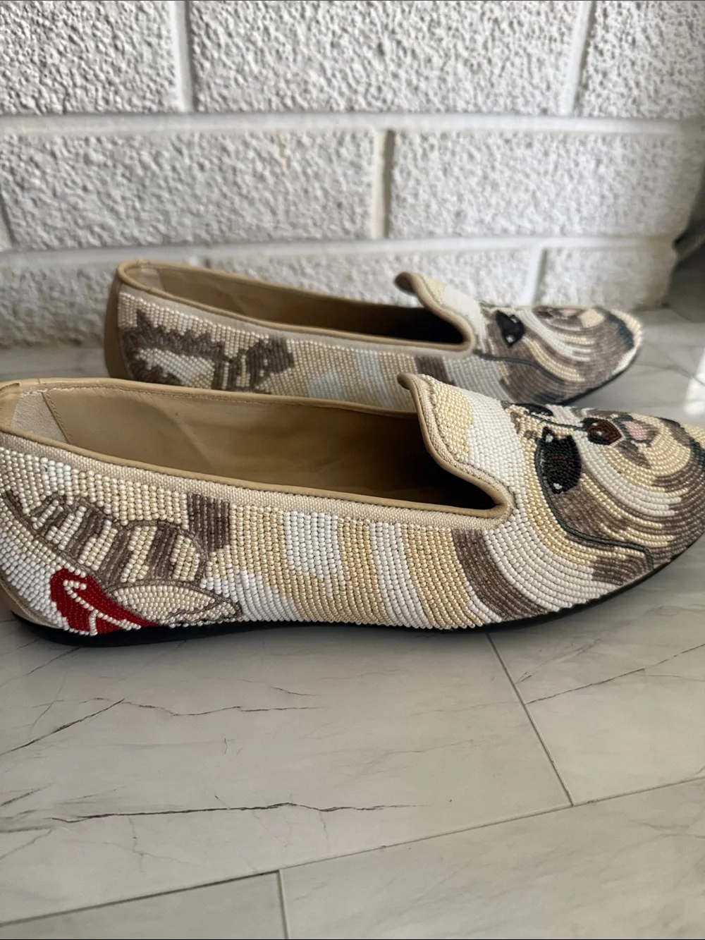 Donald J Pliner Beaded Dog Face Loafers in Beige and Tan